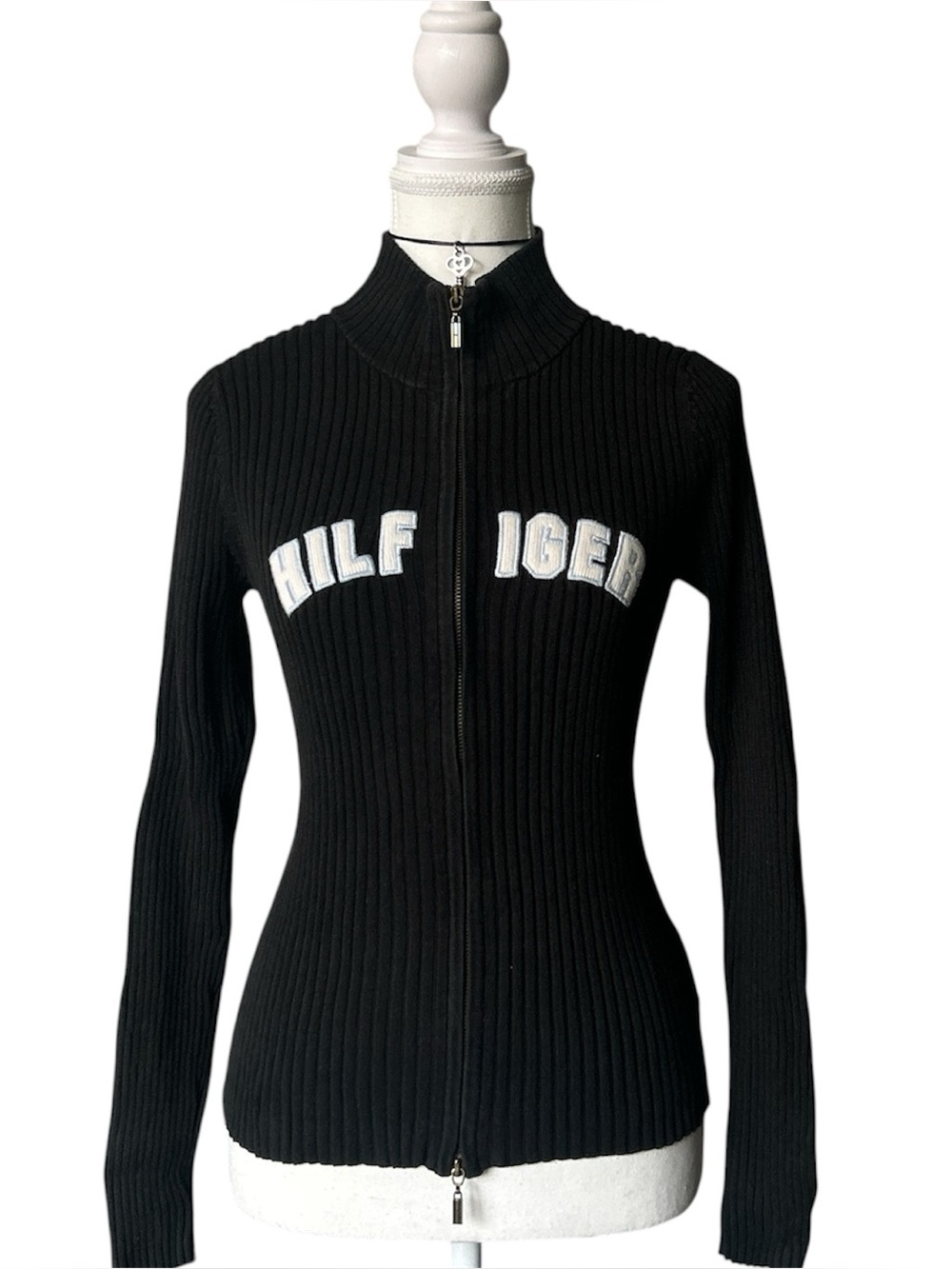 Y2K Coquette “Tommy Hilfiger” Basic Black Ribbed Embroidered Zip-up Top